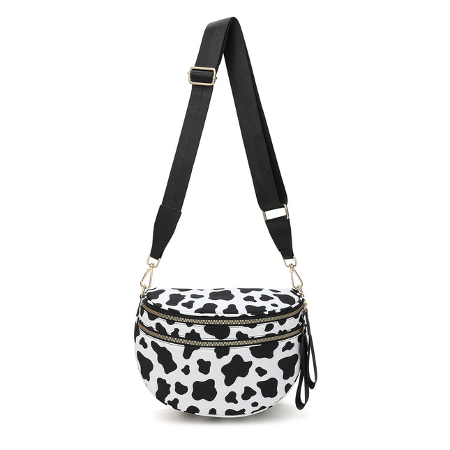Black-white Cow Checkered Trendy Sling Bag - Women's Crescent Crossbody Purse with Wide Adjustable Strap.