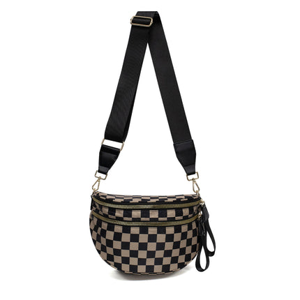 Black-brown Checkered Trendy Sling Bag - Women's Crescent Crossbody Purse with Wide Adjustable Strap.