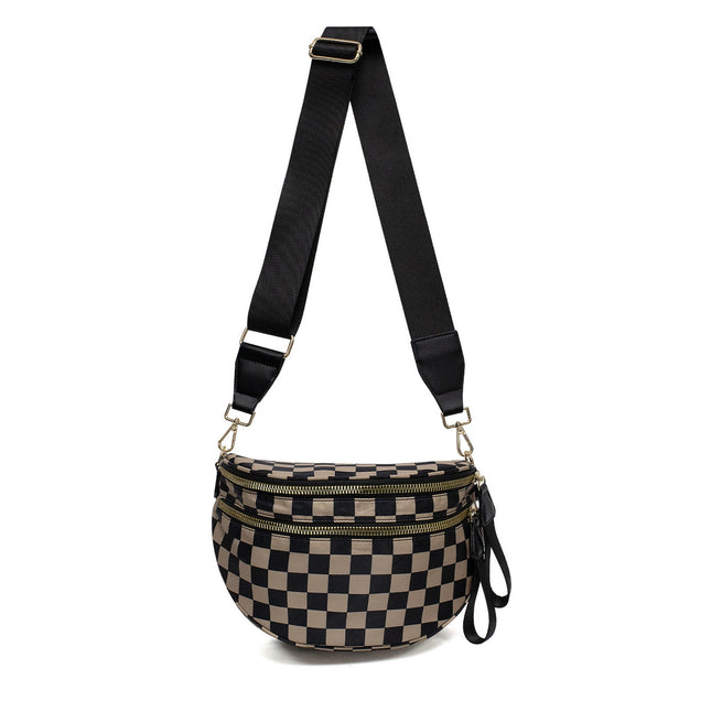 Black-brown Checkered Trendy Sling Bag - Women's Crescent Crossbody Purse with Wide Adjustable Strap.