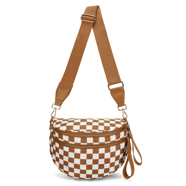 Light Brown Checkered Trendy Sling Bag - Women's Crescent Crossbody Purse with Wide Adjustable Strap.