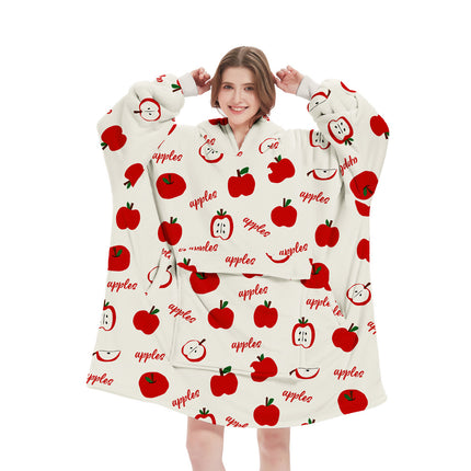 Apple Pattern Oversized Wearable Blanket Hoodie - Ultra Soft & Cozy Snuggle Pullover for Adults.