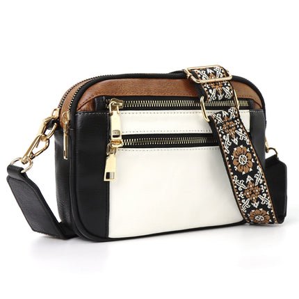 Double Zipper Black White Brown Chic Quilted Crossbody Bag - Vintage PU Leather Shoulder Purse with Adjustable Strap.