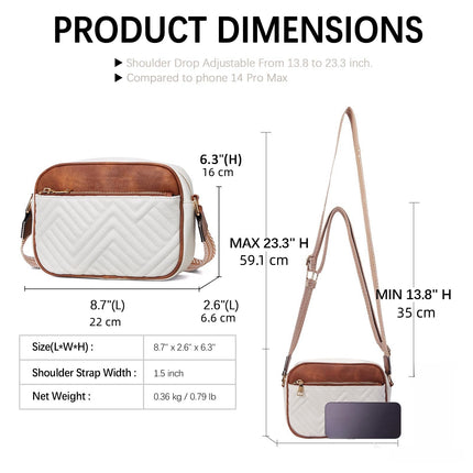Double Zipper Black White Brown Chic Quilted Crossbody Bag - Vintage PU Leather Shoulder Purse with Adjustable Strap.