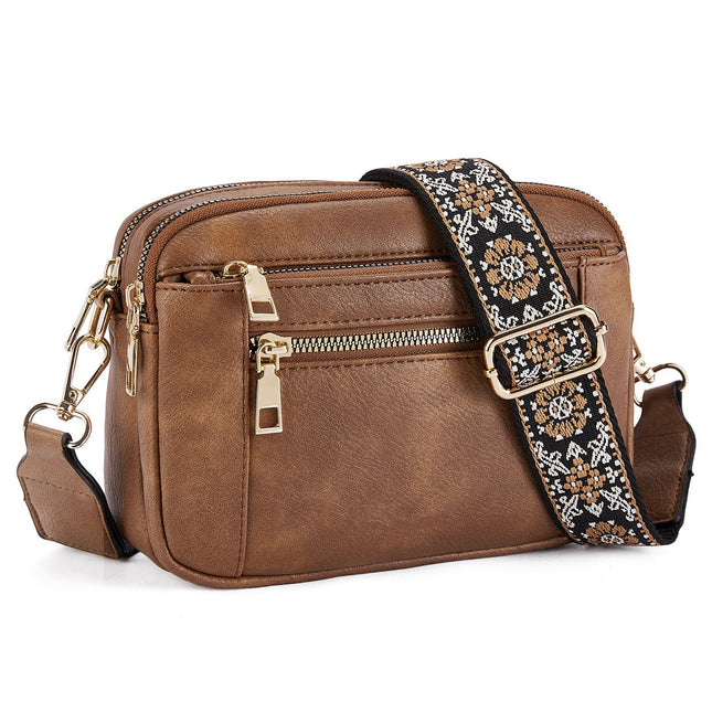 Double Zipper Brown Chic Quilted Crossbody Bag - Vintage PU Leather Shoulder Purse with Adjustable Strap.