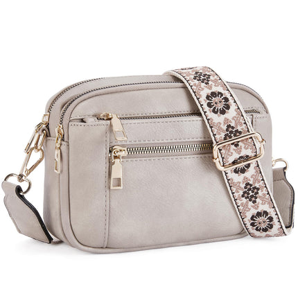 Double Zipper Grey Chic Quilted Crossbody Bag - Vintage PU Leather Shoulder Purse with Adjustable Strap.