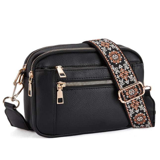 Double Zipper Black Chic Quilted Crossbody Bag - Vintage PU Leather Shoulder Purse with Adjustable Strap.
