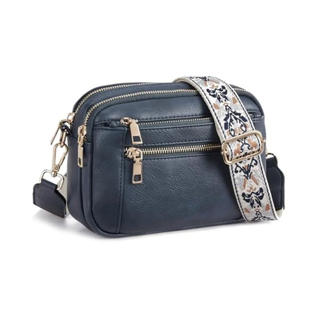 Double Zipper Blue Chic Quilted Crossbody Bag - Vintage PU Leather Shoulder Purse with Adjustable Strap.