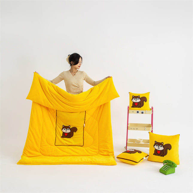 Yellow Little Squirrel - 2-in-1 Foldable Car Pillow Blanket - Cozy 40x40cm Pillow, Unfolds to 100x150cm Blanket for Travel and Office Naps.