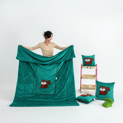 Dark Green Little Squirrel - 2-in-1 Foldable Car Pillow Blanket - Cozy 40x40cm Pillow, Unfolds to 100x150cm Blanket for Travel and Office Naps.