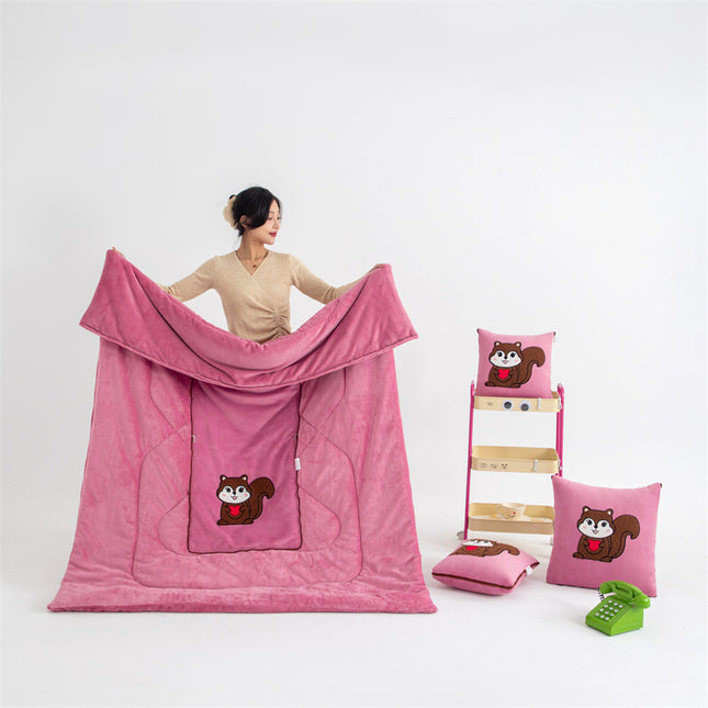 Pink Little Squirrel - 2-in-1 Foldable Car Pillow Blanket - Cozy 40x40cm Pillow, Unfolds to 100x150cm Blanket for Travel and Office Naps.