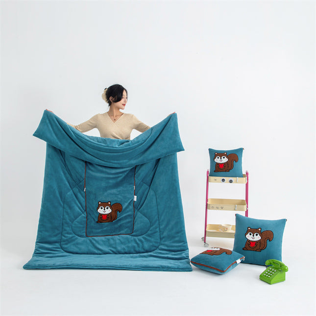 Blue Little Squirrel - 2-in-1 Foldable Car Pillow Blanket - Cozy 40x40cm Pillow, Unfolds to 100x150cm Blanket for Travel and Office Naps.