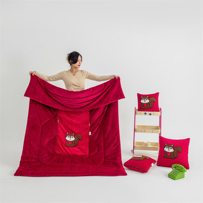 Red Little Squirrel - 2-in-1 Foldable Car Pillow Blanket - Cozy 40x40cm Pillow, Unfolds to 100x150cm Blanket for Travel and Office Naps.