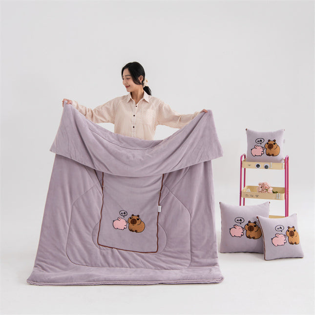 Light Pink Kapybara - 2-in-1 Foldable Car Pillow Blanket - Cozy 40x40cm Pillow, Unfolds to 100x150cm Blanket for Travel and Office Naps.