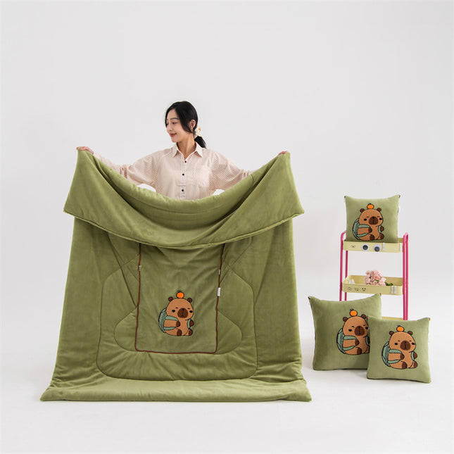 Green Kapybara - 2-in-1 Foldable Car Pillow Blanket - Cozy 40x40cm Pillow, Unfolds to 100x150cm Blanket for Travel and Office Naps.