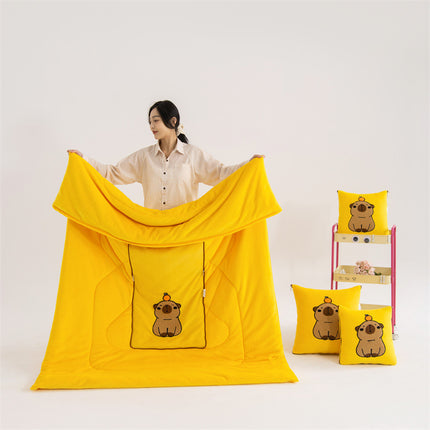 Yellow Kapybara - 2-in-1 Foldable Car Pillow Blanket - Cozy 40x40cm Pillow, Unfolds to 100x150cm Blanket for Travel and Office Naps.