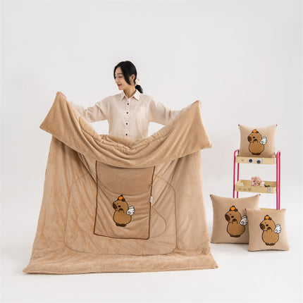 Light Coffee Kapybara - 2-in-1 Foldable Car Pillow Blanket - Cozy 40x40cm Pillow, Unfolds to 100x150cm Blanket for Travel and Office Naps.