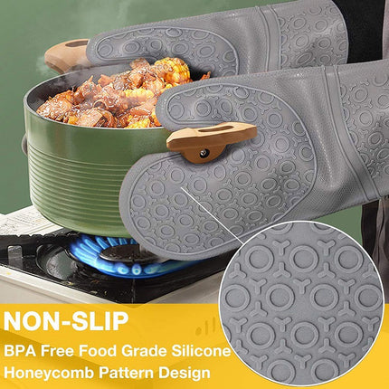 Dark Grey Set BPA-Free Non-Slip Silicone Oven Mitts - Heat Resistant Gloves with Honeycomb Pattern for Kitchen Safety.