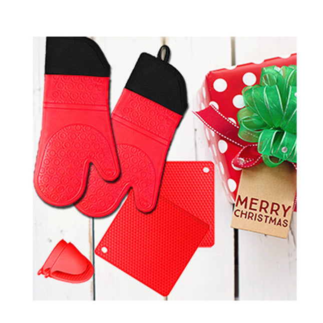 Red Set BPA-Free Non-Slip Silicone Oven Mitts - Heat Resistant Gloves with Honeycomb Pattern for Kitchen Safety.