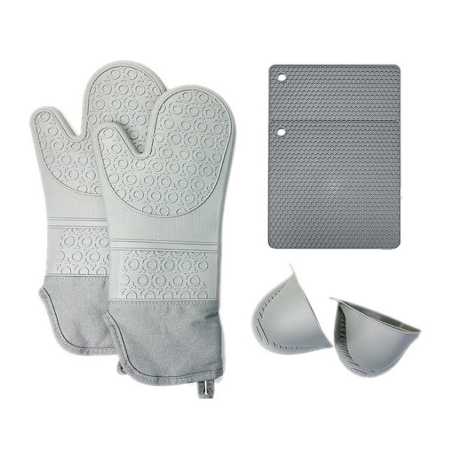 Grayish Set BPA-Free Non-Slip Silicone Oven Mitts - Heat Resistant Gloves with Honeycomb Pattern for Kitchen Safety.