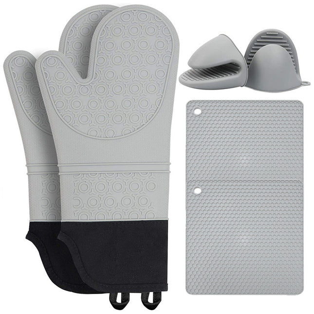 Grey Set BPA-Free Non-Slip Silicone Oven Mitts - Heat Resistant Gloves with Honeycomb Pattern for Kitchen Safety.