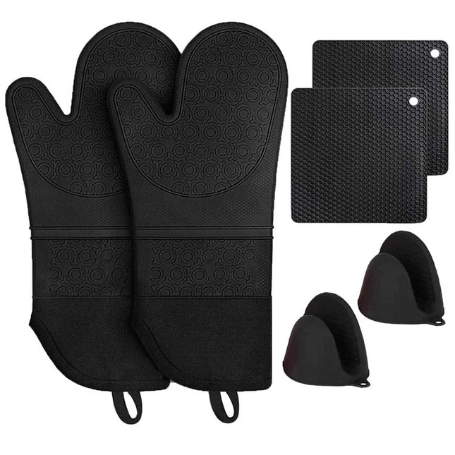 Black BPA-Free Non-Slip Silicone Oven Mitts - Heat Resistant Gloves with Honeycomb Pattern for Kitchen Safety.