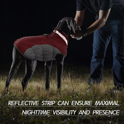 L Red Grey Premium Winter Puffer Dog Coat - Windproof & Fleece-Lined Jacket for Cold Weather.