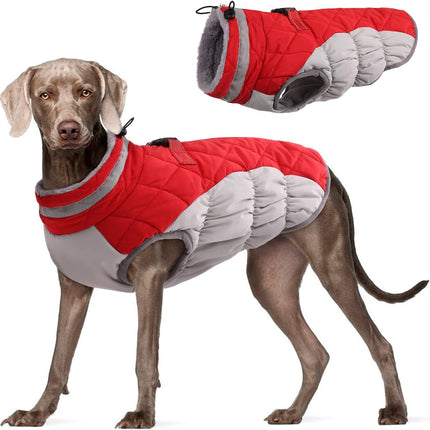 XL Red Grey Premium Winter Puffer Dog Coat - Windproof & Fleece-Lined Jacket for Cold Weather.