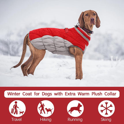 XXL Red Grey Premium Winter Puffer Dog Coat - Windproof & Fleece-Lined Jacket for Cold Weather.