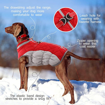 XXXL Red Grey Premium Winter Puffer Dog Coat - Windproof & Fleece-Lined Jacket for Cold Weather.