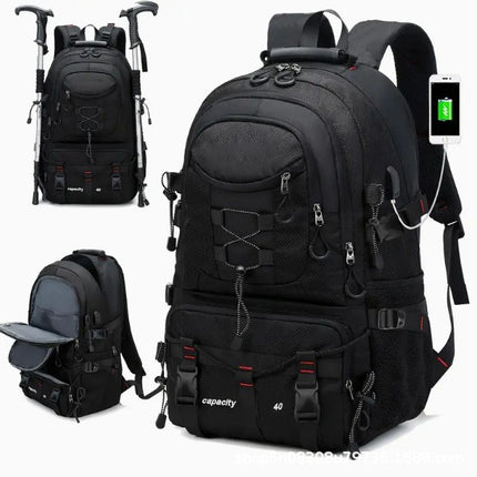 Black 40L Large Capacity Travel Backpack - Water-Resistant Hiking Rucksack with USB Charging Port.