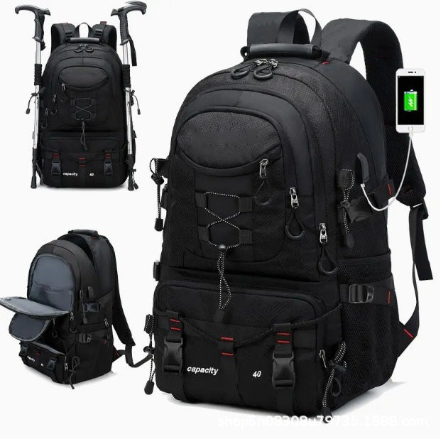 Black 40L Large Capacity Travel Backpack - Water-Resistant Hiking Rucksack with USB Charging Port.