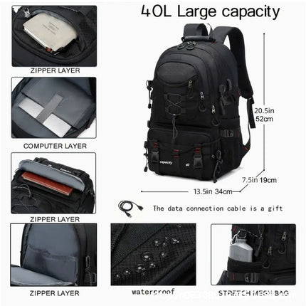 Black 40L Large Capacity Travel Backpack - Water-Resistant Hiking Rucksack with USB Charging Port.