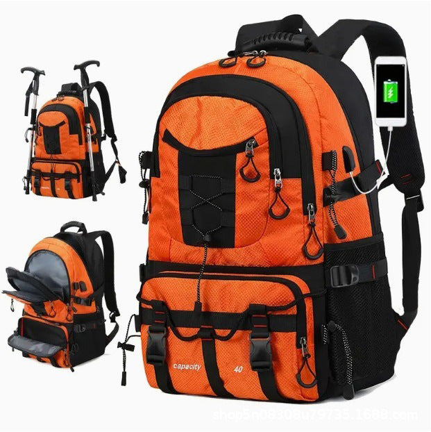 Orange 40L Large Capacity Travel Backpack - Water-Resistant Hiking Rucksack with USB Charging Port.