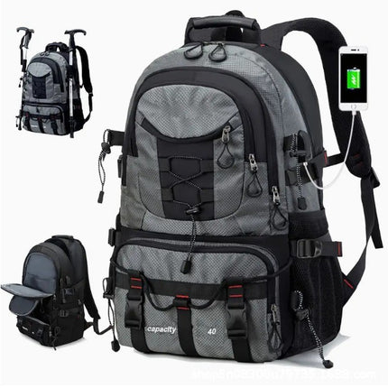 Grey 40L Large Capacity Travel Backpack - Water-Resistant Hiking Rucksack with USB Charging Port.