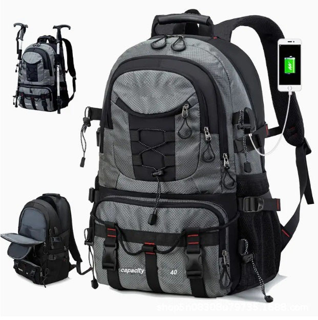 Grey 40L Large Capacity Travel Backpack - Water-Resistant Hiking Rucksack with USB Charging Port.