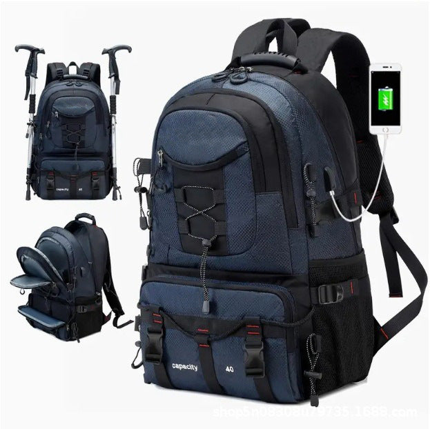 Blue 40L Large Capacity Travel Backpack - Water-Resistant Hiking Rucksack with USB Charging Port.