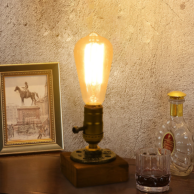 Rustic Industrial Table Lamp Vintage Wooden Base Accent Light.