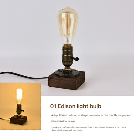 Rustic Industrial Table Lamp Vintage Wooden Base Accent Light.