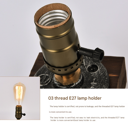 Rustic Industrial Table Lamp Vintage Wooden Base Accent Light.