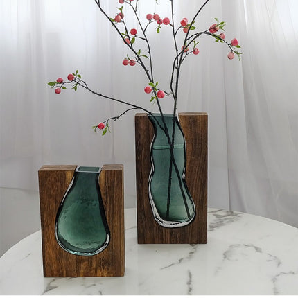 Modern Sculptural Wood and Glass Vase for Home Decor.
