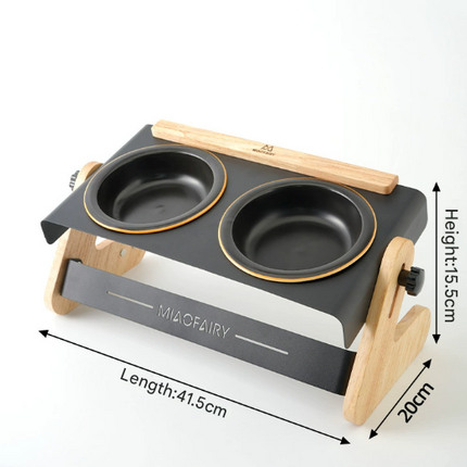 Adjustable Raised Pet Feeder - Modern Wood & Metal Stand with Dual Bowls for Cats & Dogs.