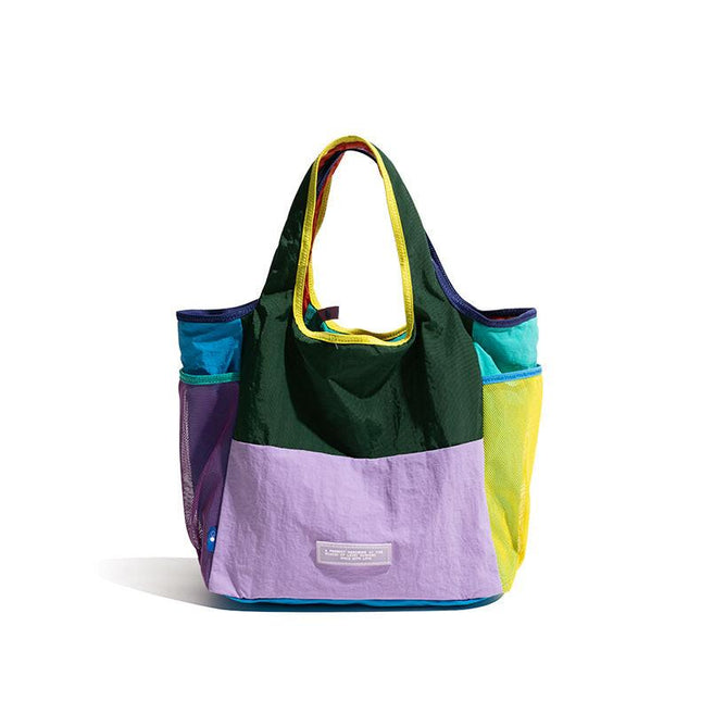 Purple Vibrant Colorblock Foldable Tote Bag Lightweight Reusable Shopping Shoulder Bag.