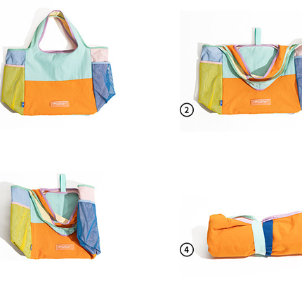 Purple Vibrant Colorblock Foldable Tote Bag Lightweight Reusable Shopping Shoulder Bag.