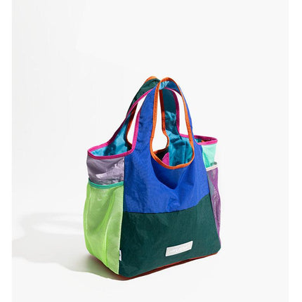 Green Vibrant Colorblock Foldable Tote Bag Lightweight Reusable Shopping Shoulder Bag.