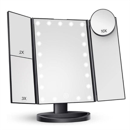 Black LED Lighted Tri-Fold Vanity Mirror with 2X/3X/10X Magnification.