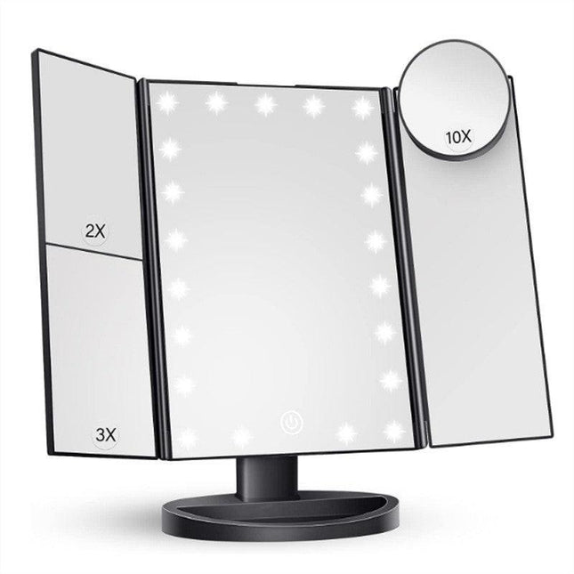 Black LED Lighted Tri-Fold Vanity Mirror with 2X/3X/10X Magnification.