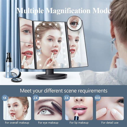 Black LED Lighted Tri-Fold Vanity Mirror with 2X/3X/10X Magnification.