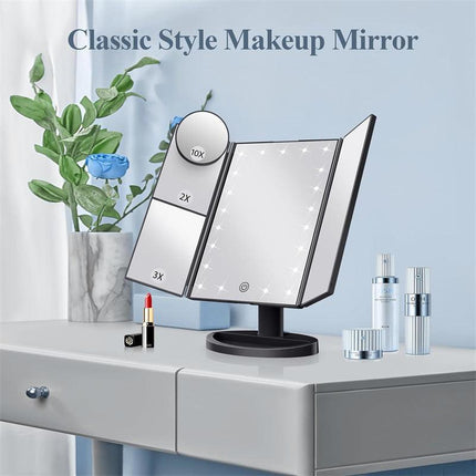 Black LED Lighted Tri-Fold Vanity Mirror with 2X/3X/10X Magnification.