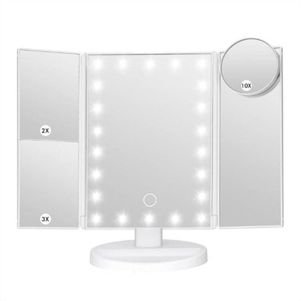 White LED Lighted Tri-Fold Vanity Mirror with 2X/3X/10X Magnification.