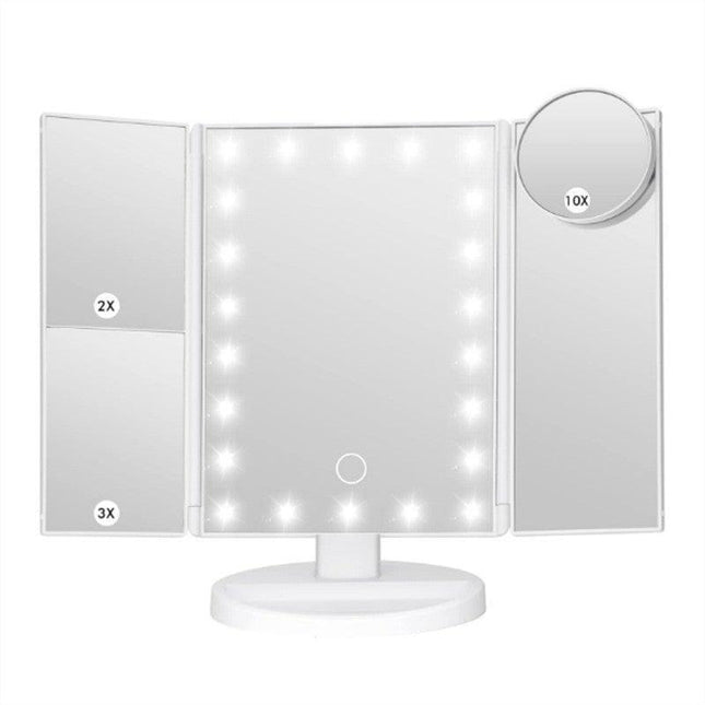 White LED Lighted Tri-Fold Vanity Mirror with 2X/3X/10X Magnification.